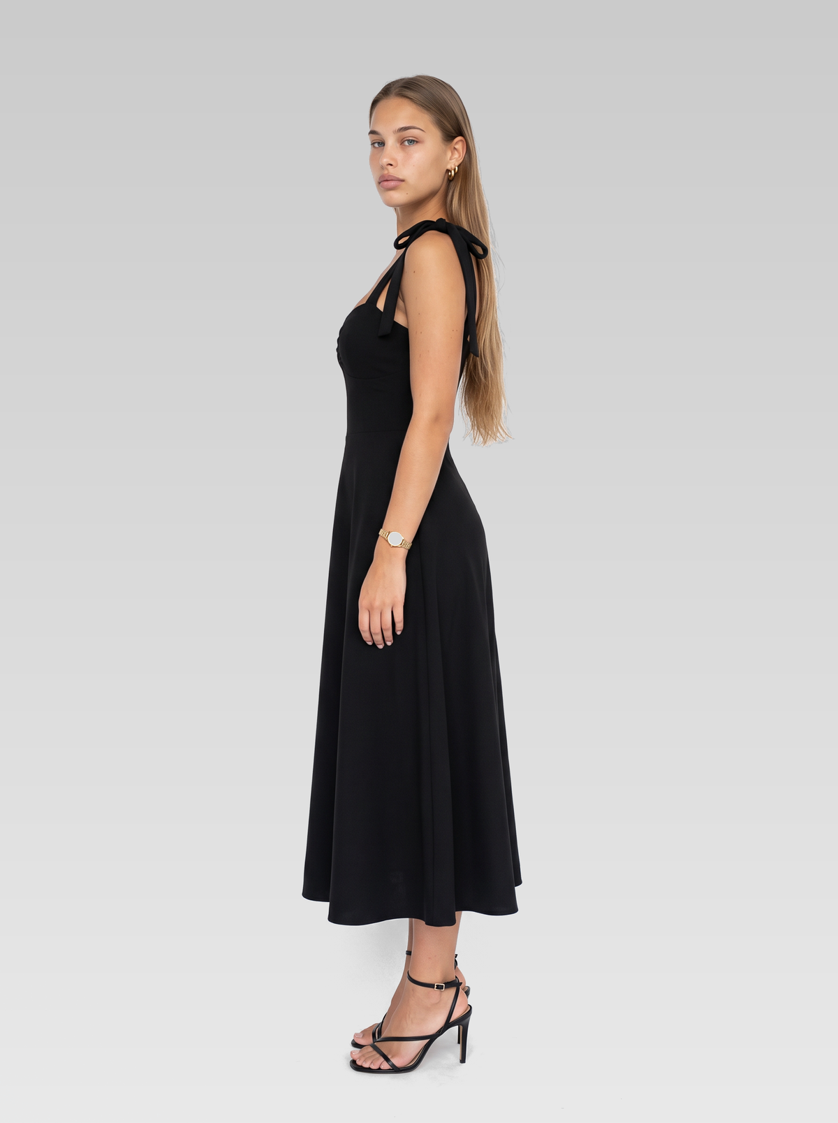 Tie Strap Wedding Guest Midi Dress — Black — View 5
