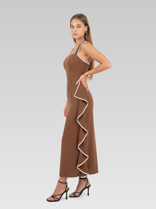 Halter Neck Bodycon Ruffle Maxi Dress — Chocolate Brown — View 2