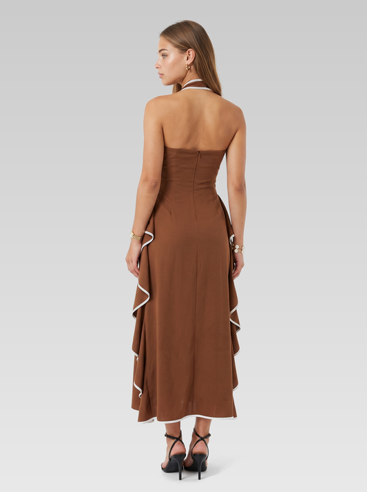 Halter Neck Bodycon Ruffle Maxi Dress — Chocolate Brown — View 3