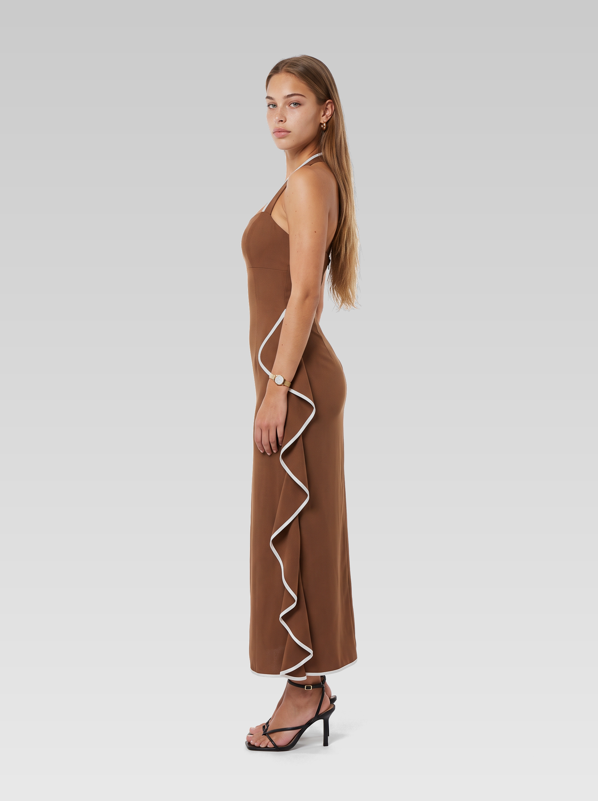 Halter Neck Bodycon Ruffle Maxi Dress — Chocolate Brown — View 5