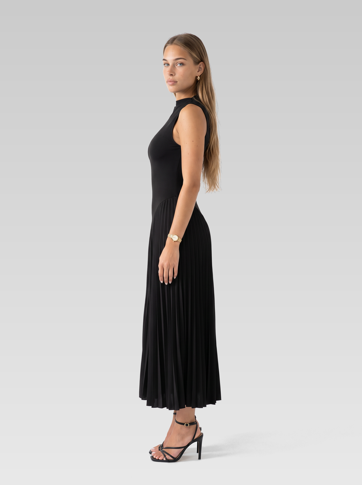 High Neck Sleeveless Pleated Midi Dress — Black — View 5