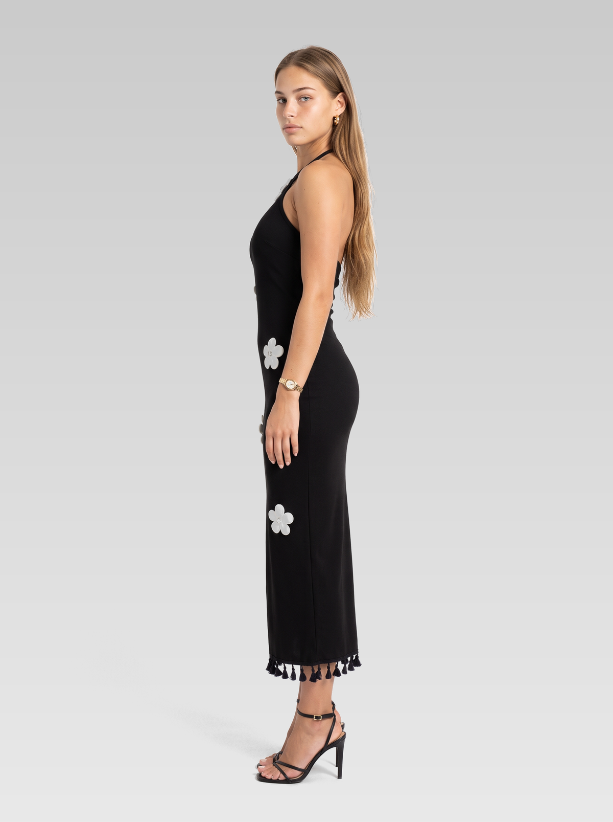 Knit Halter Neck Backless Bodycon Midi Dress — Black — View 5