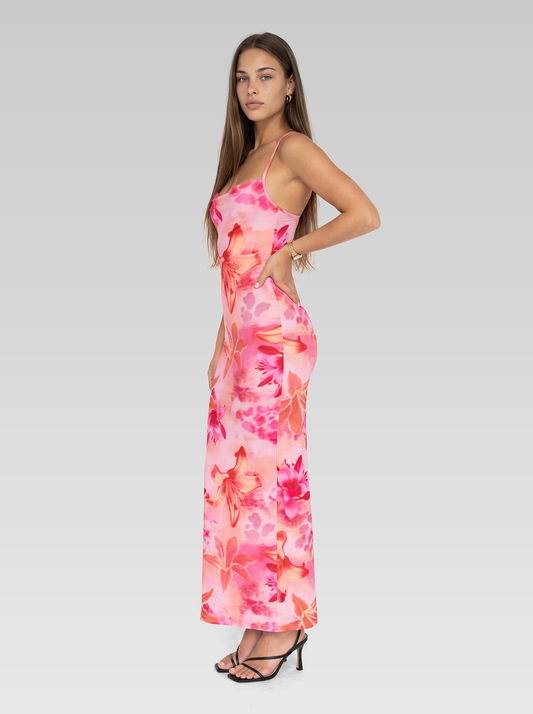 Pink Floral Backless Bodycon Slip Maxi Dress — Pink Floral — View 2