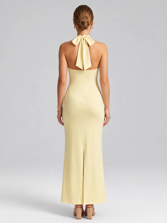 Halter Neck Backless Maxi Dress — Yellow — View 2