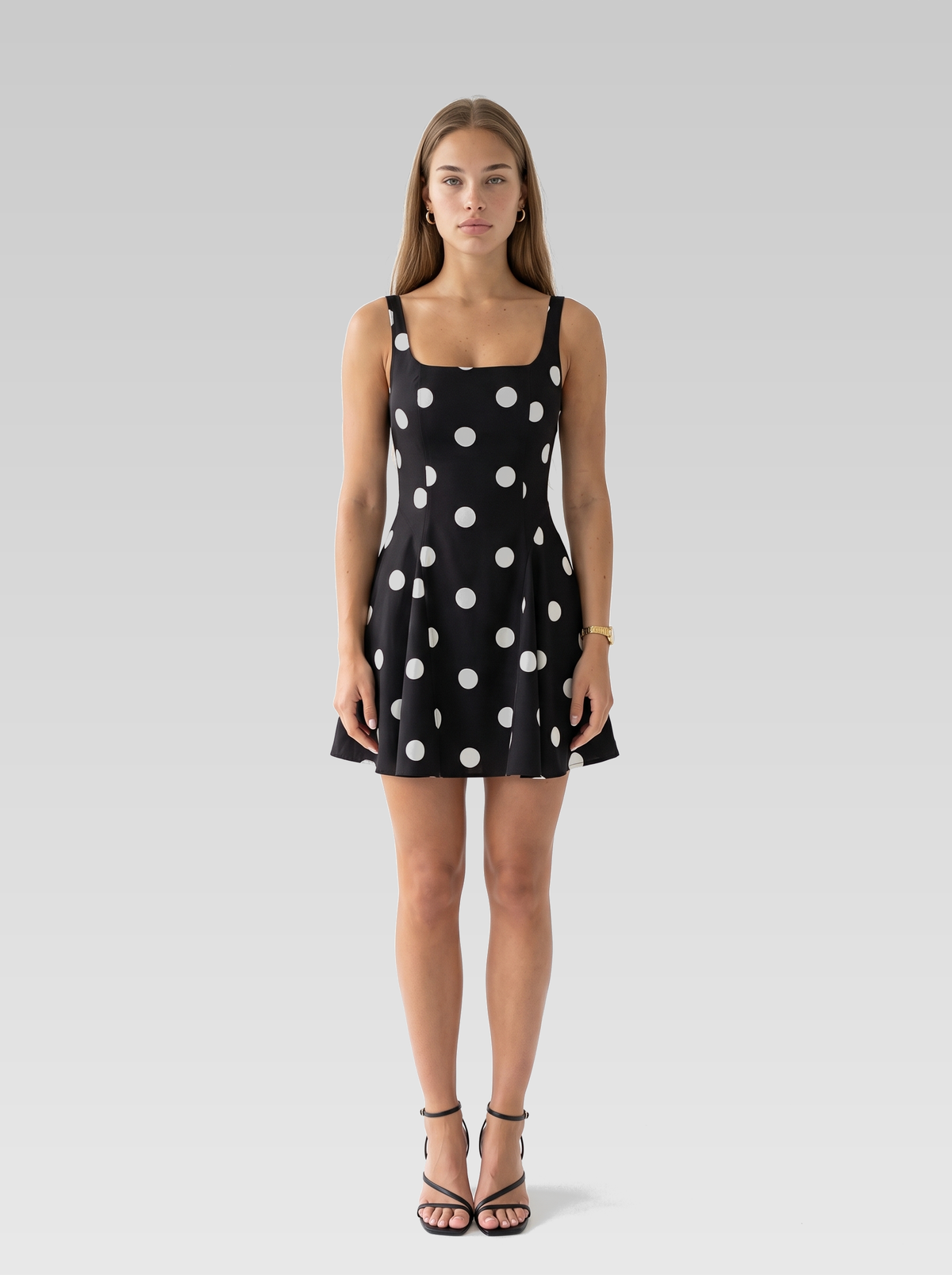Black Polka Dot Sleeveless Mini Dress — Black Polka Dot — View 1