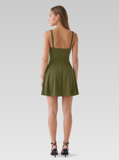 Ruched Summer Mini Dress — Olive Green — View 3