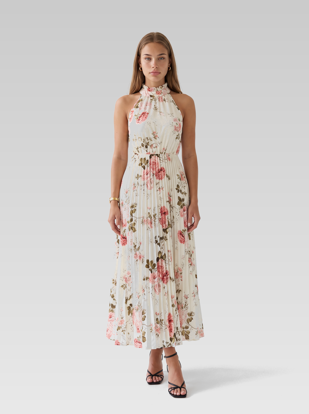 Cream Floral Halter Neck Maxi Dress — Cream Floral — View 1