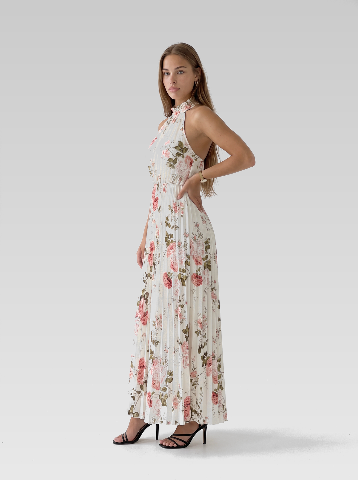 Cream Floral Halter Neck Maxi Dress — Cream Floral — View 2