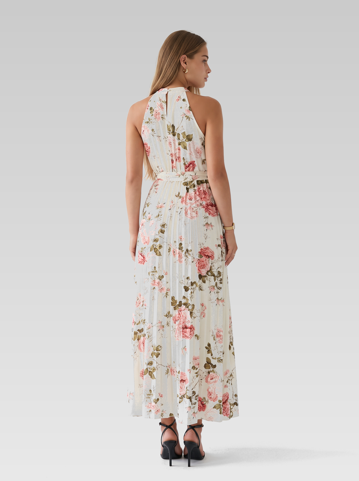 Cream Floral Halter Neck Maxi Dress — Cream Floral — View 3