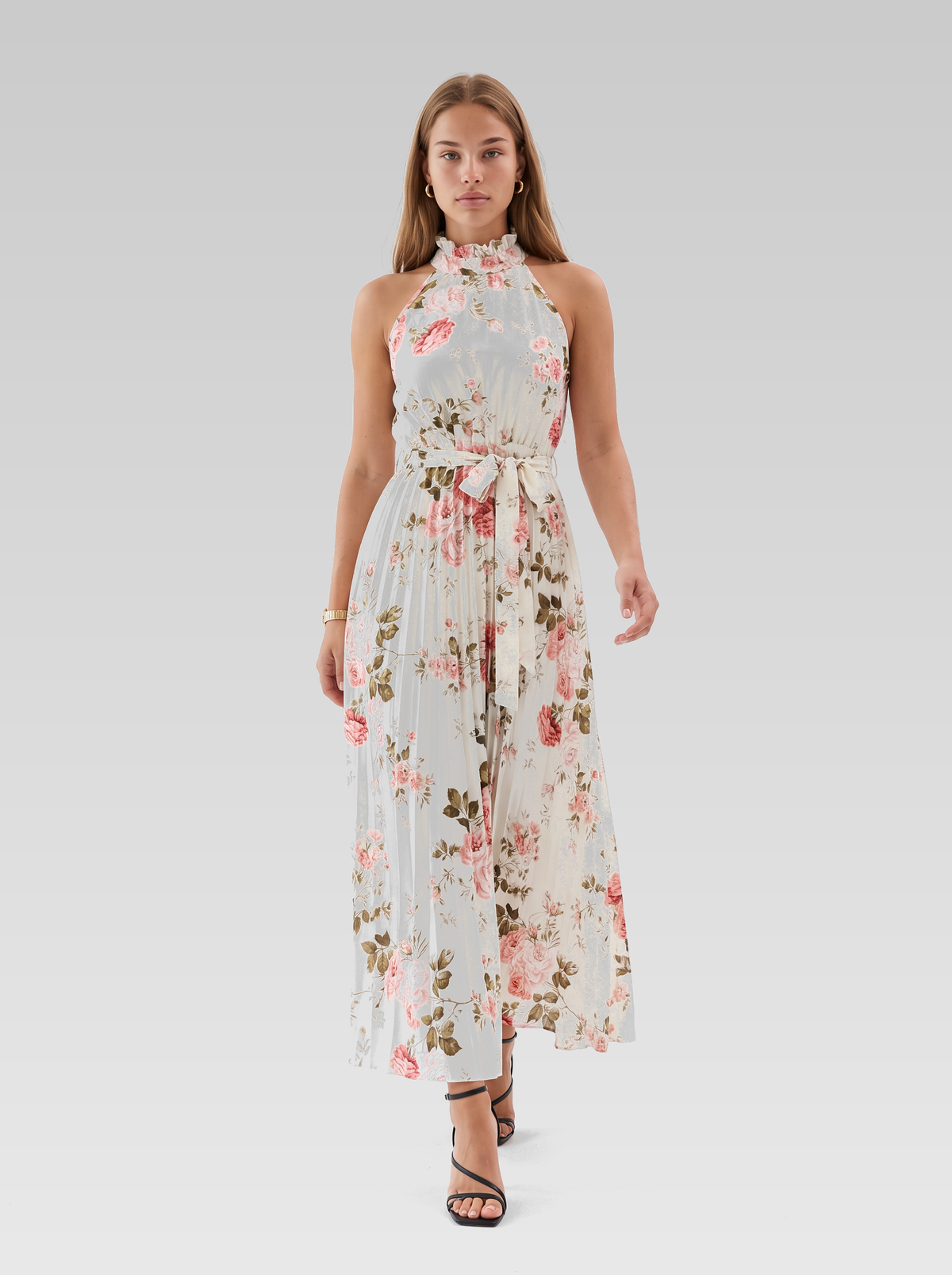 Cream Floral Halter Neck Maxi Dress — Cream Floral — View 4