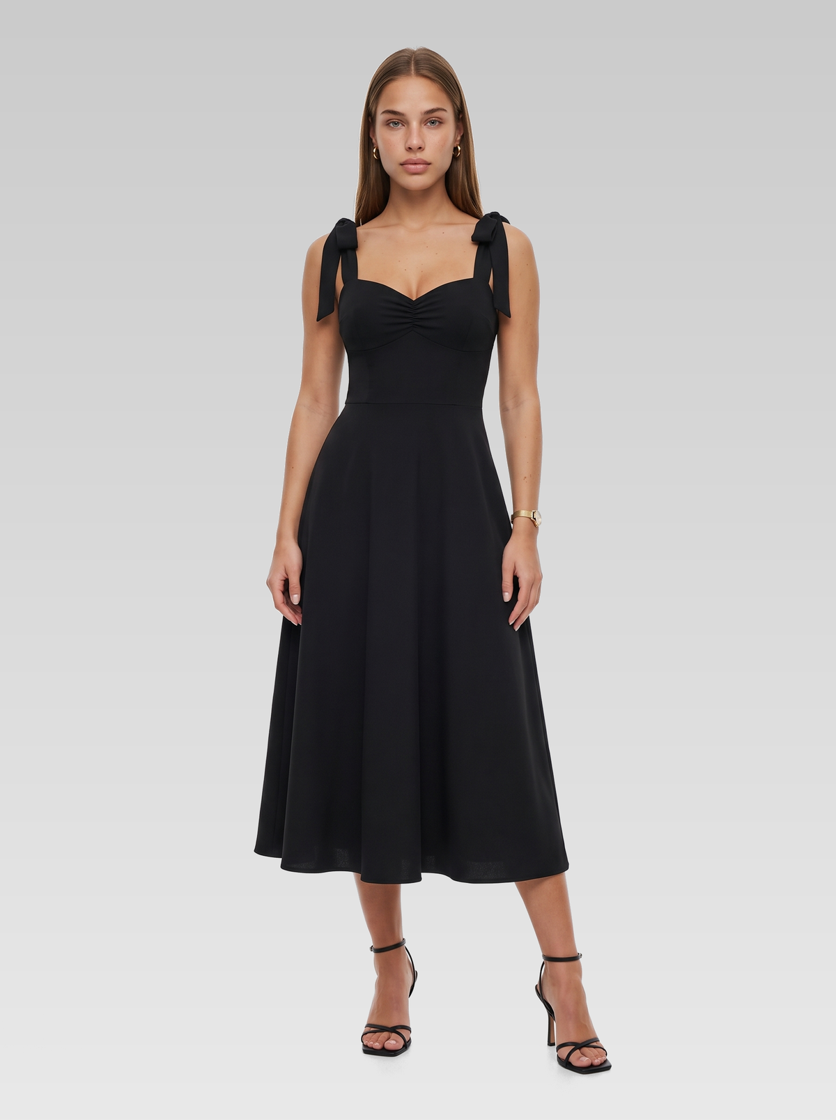 Tie Strap Wedding Guest Midi Dress — Black — View 1