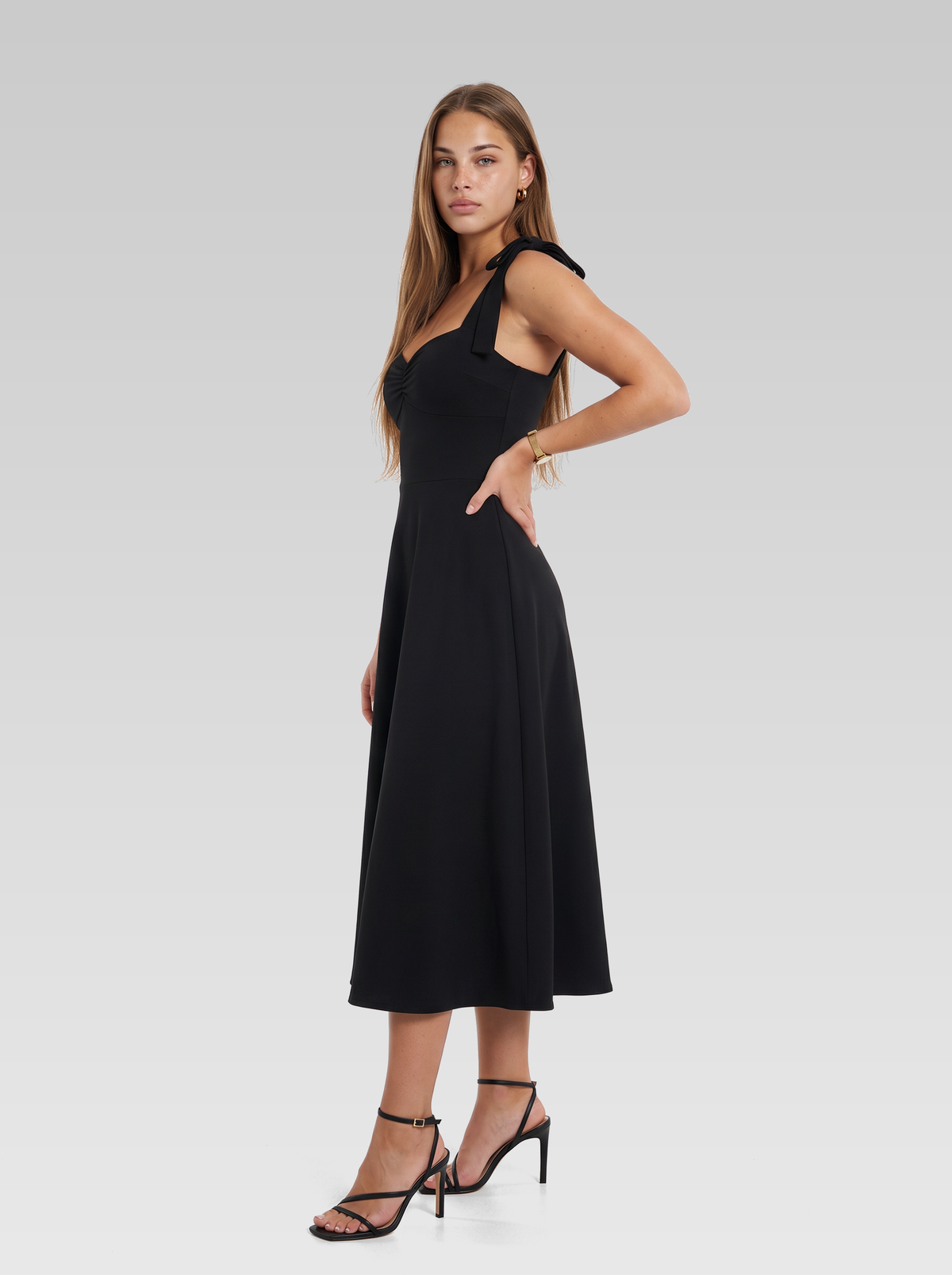 Tie Strap Wedding Guest Midi Dress — Black — View 2