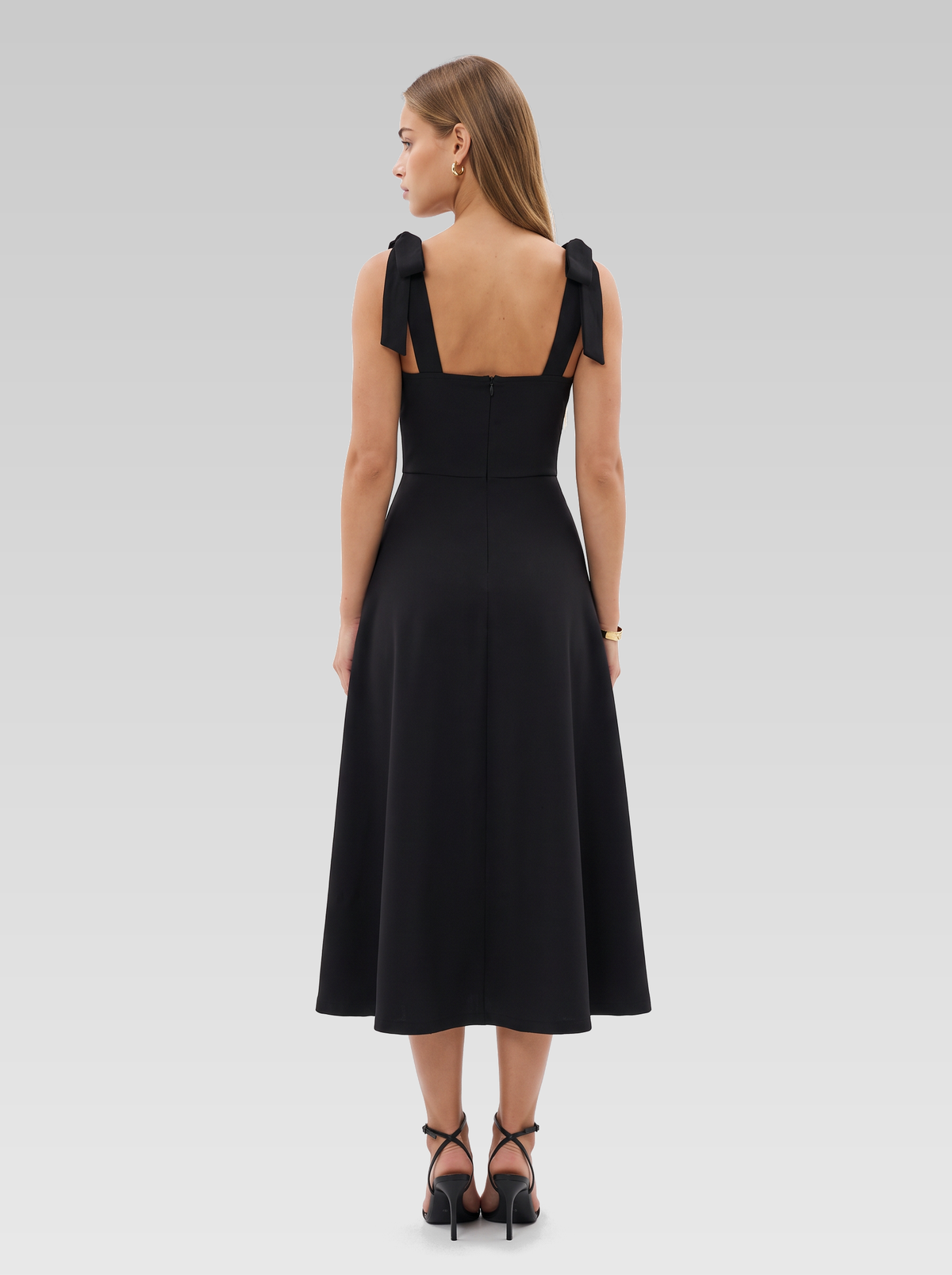 Tie Strap Wedding Guest Midi Dress — Black — View 3