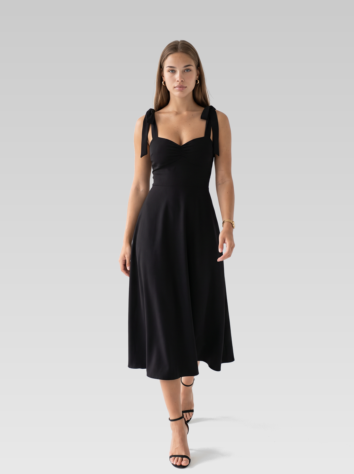 Tie Strap Wedding Guest Midi Dress — Black — View 4