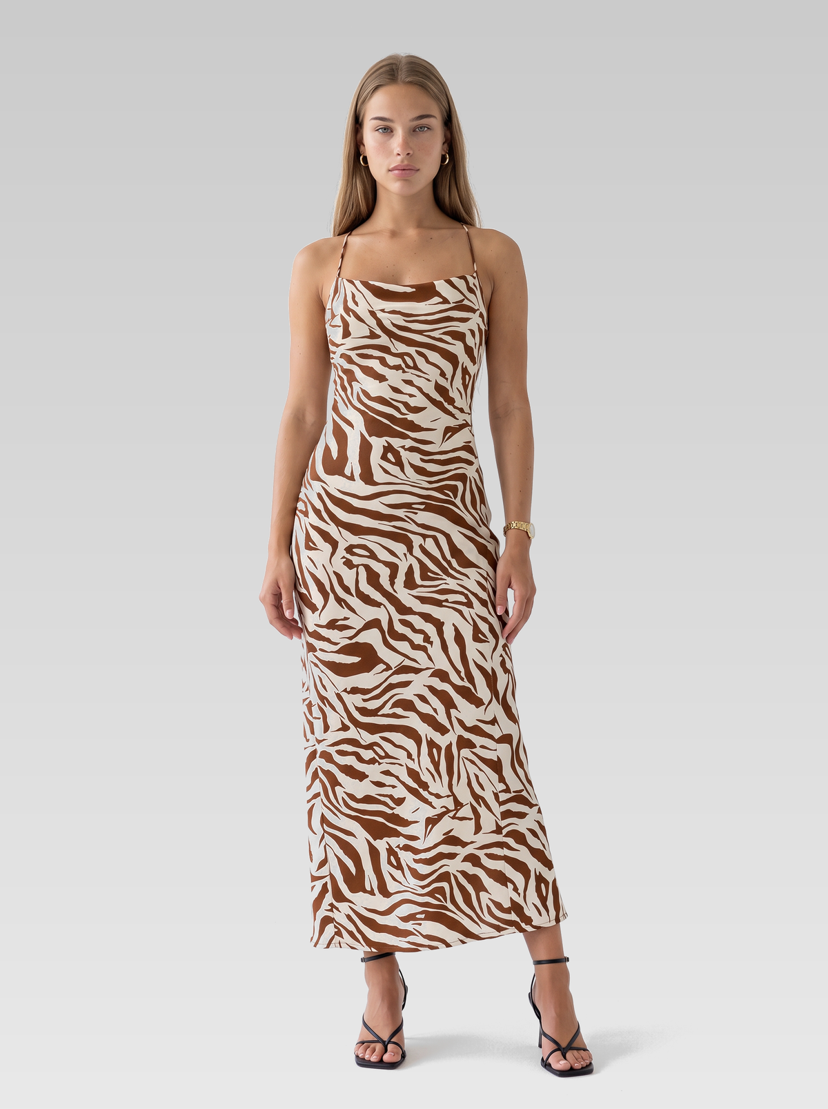Brown Cowl Neck Backless Maxi Dress — Brown Zebra Print — View 1