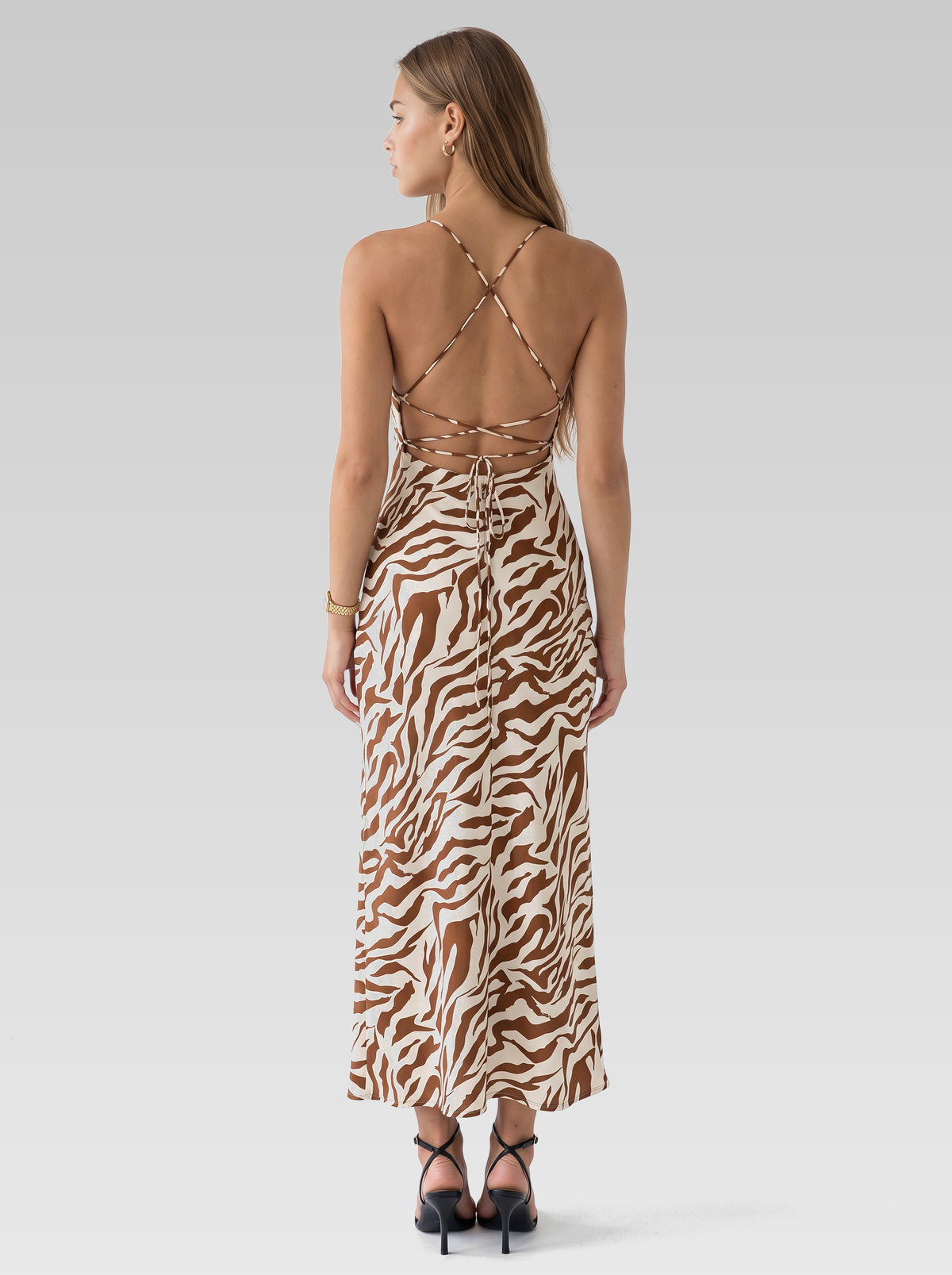 Brown Cowl Neck Backless Maxi Dress — Brown Zebra Print — View 3