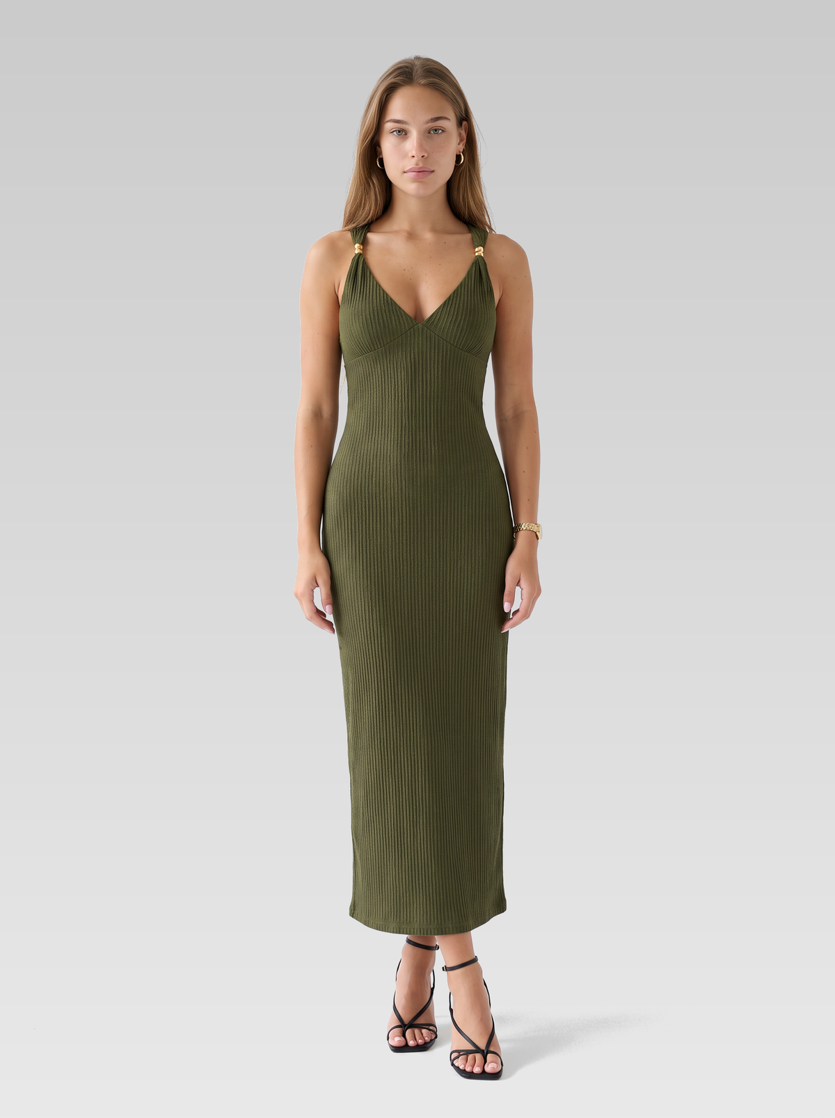 Backless Sleeveless Bodycon Maxi Dress — Olive Green — View 1
