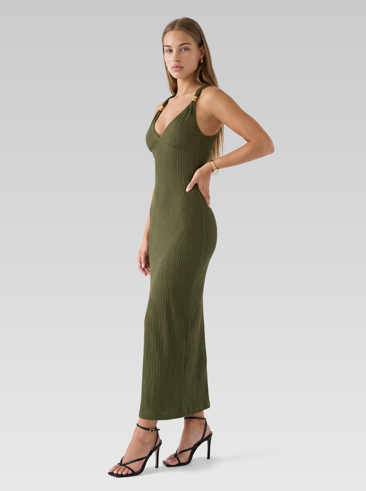 Backless Sleeveless Bodycon Maxi Dress — Olive Green — View 2