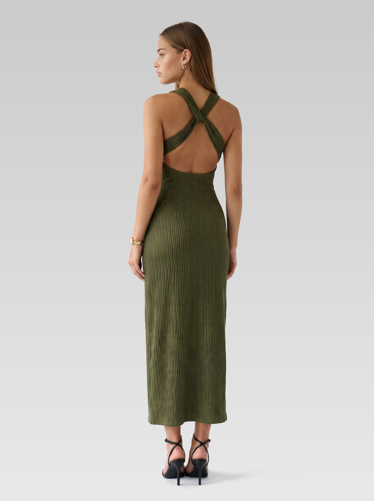 Backless Sleeveless Bodycon Maxi Dress — Olive Green — View 3