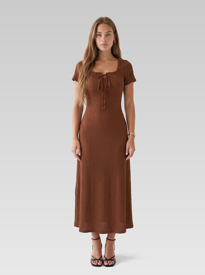 Ribbed Square Neck Short Sleeve Midi Dress — Rust Brown — View 1