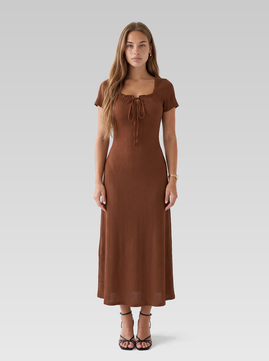 Ribbed Square Neck Short Sleeve Midi Dress — Rust Brown — View 1