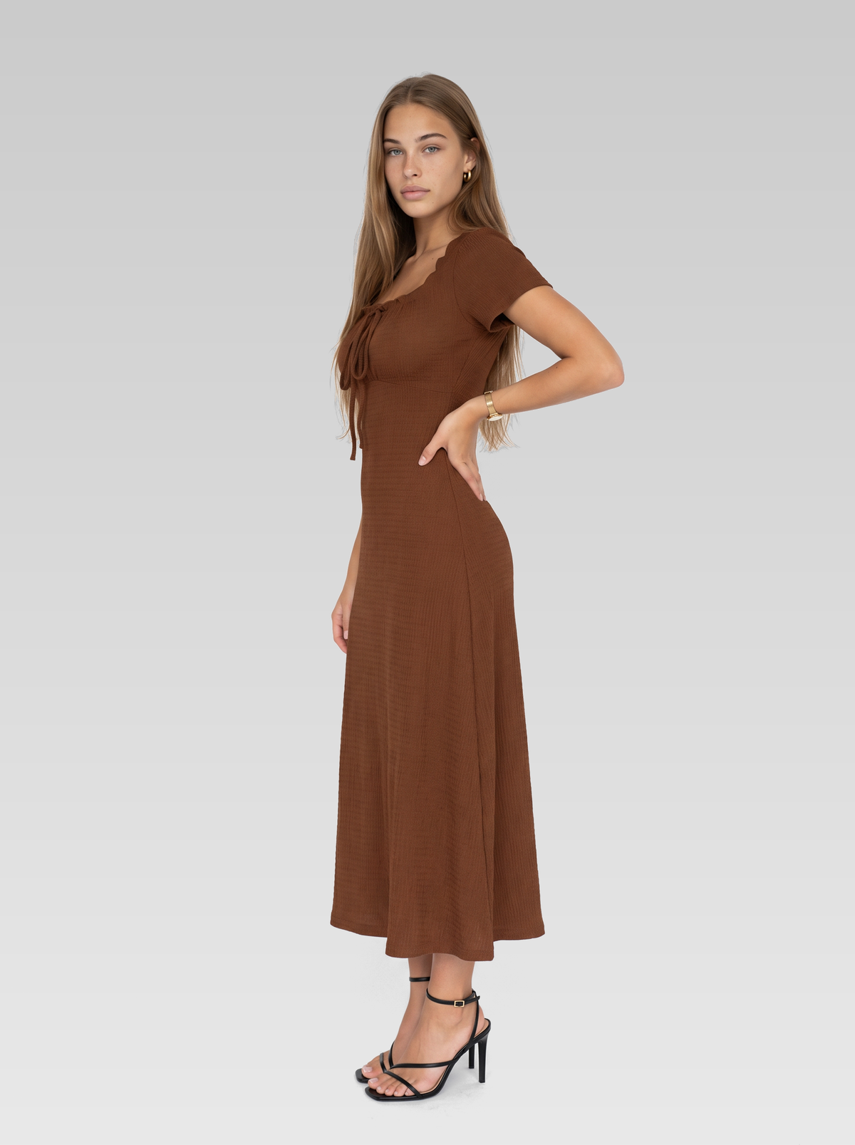 Ribbed Square Neck Short Sleeve Midi Dress — Rust Brown — View 2