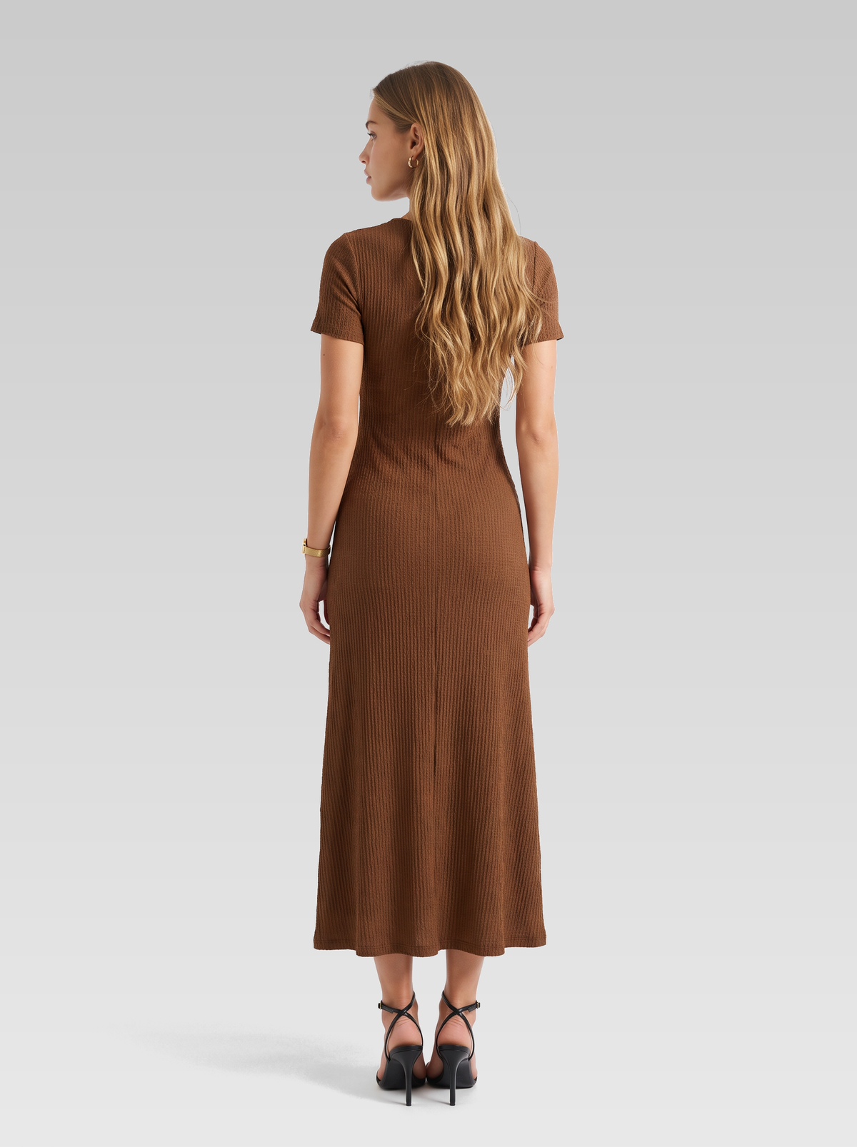 Ribbed Square Neck Short Sleeve Midi Dress — Rust Brown — View 3
