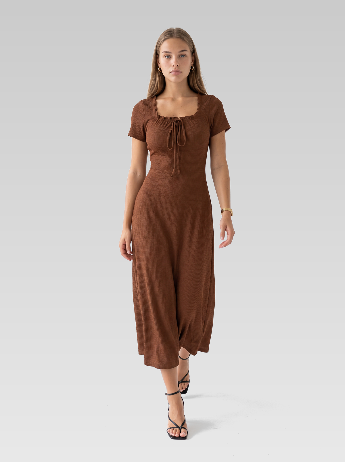 Ribbed Square Neck Short Sleeve Midi Dress — Rust Brown — View 4