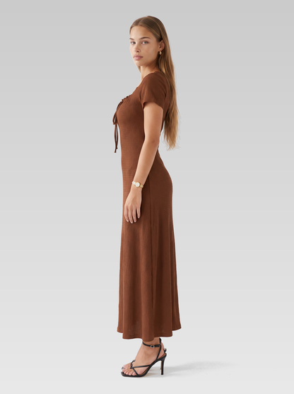 Ribbed Square Neck Short Sleeve Midi Dress — Rust Brown — View 5