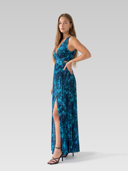 Blue Floral Sleeveless Pleated Formal Maxi Dress — Blue Floral — View 2