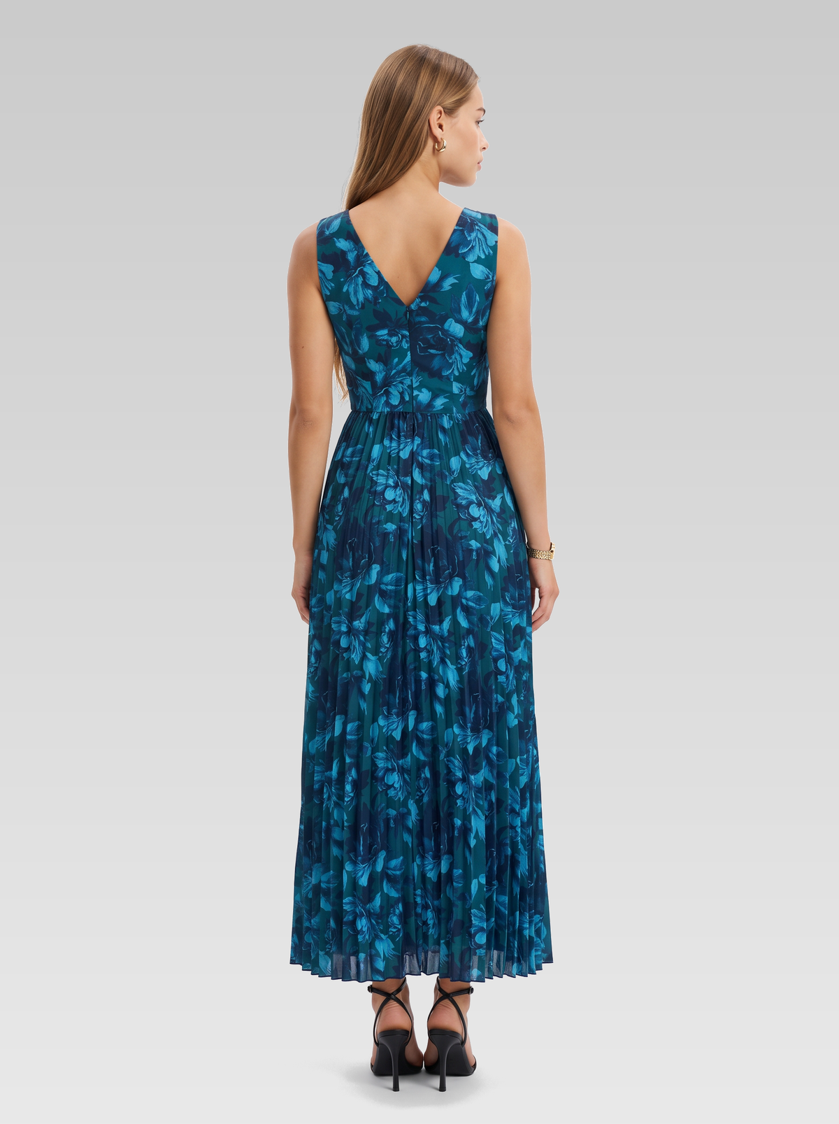 Blue Floral Sleeveless Pleated Formal Maxi Dress — Blue Floral — View 3