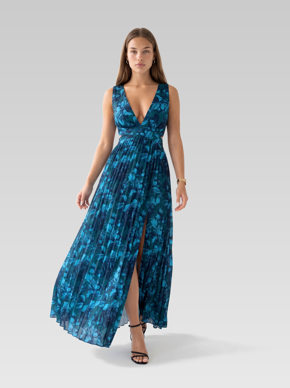 Blue Floral Sleeveless Pleated Formal Maxi Dress — Blue Floral — View 4