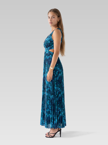 Blue Floral Sleeveless Pleated Formal Maxi Dress — Blue Floral — View 5