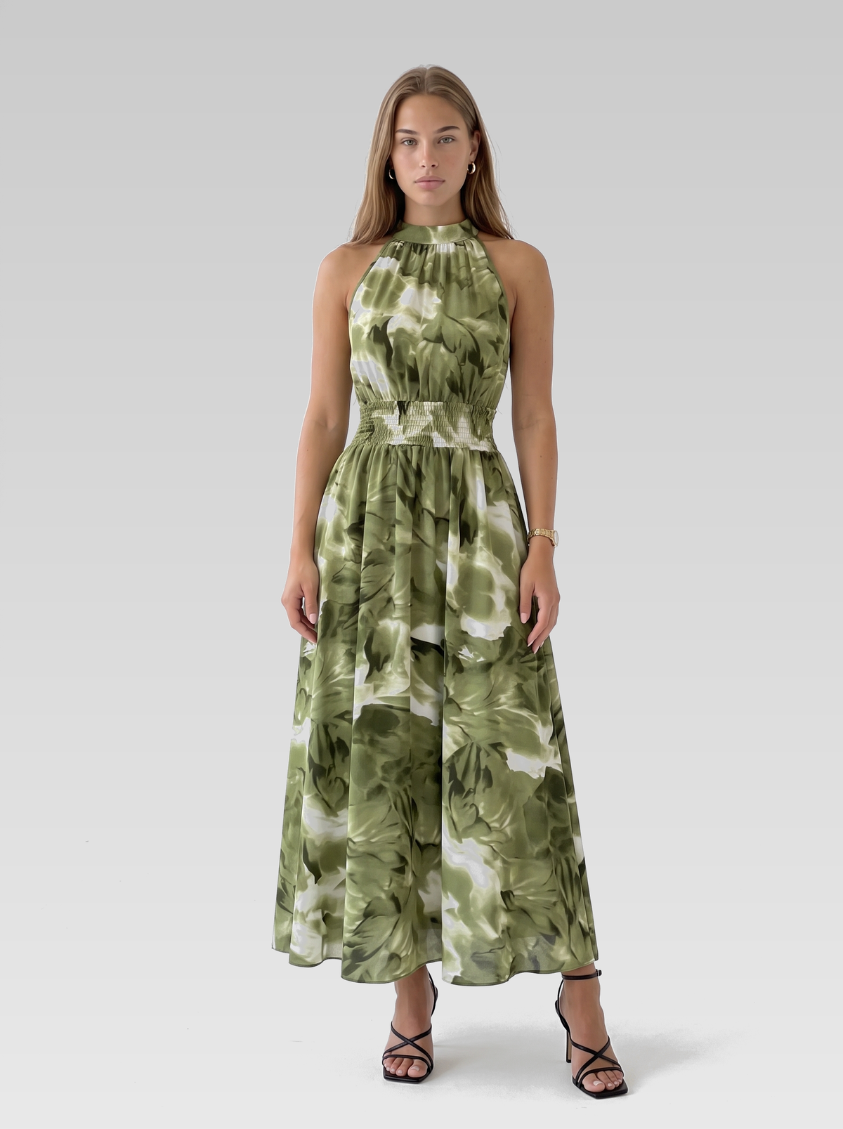 Green Halter Neck Smocked Maxi Dress — Green Print — View 1