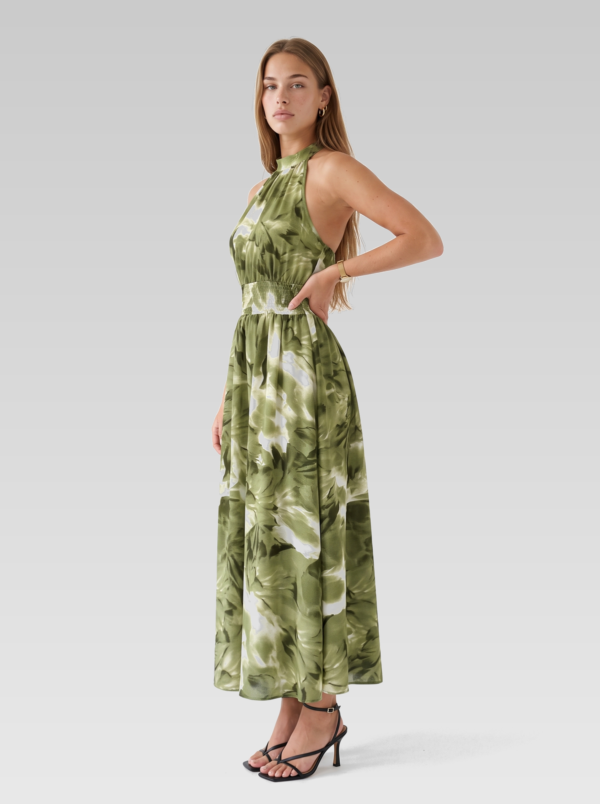 Green Halter Neck Smocked Maxi Dress — Green Print — View 2