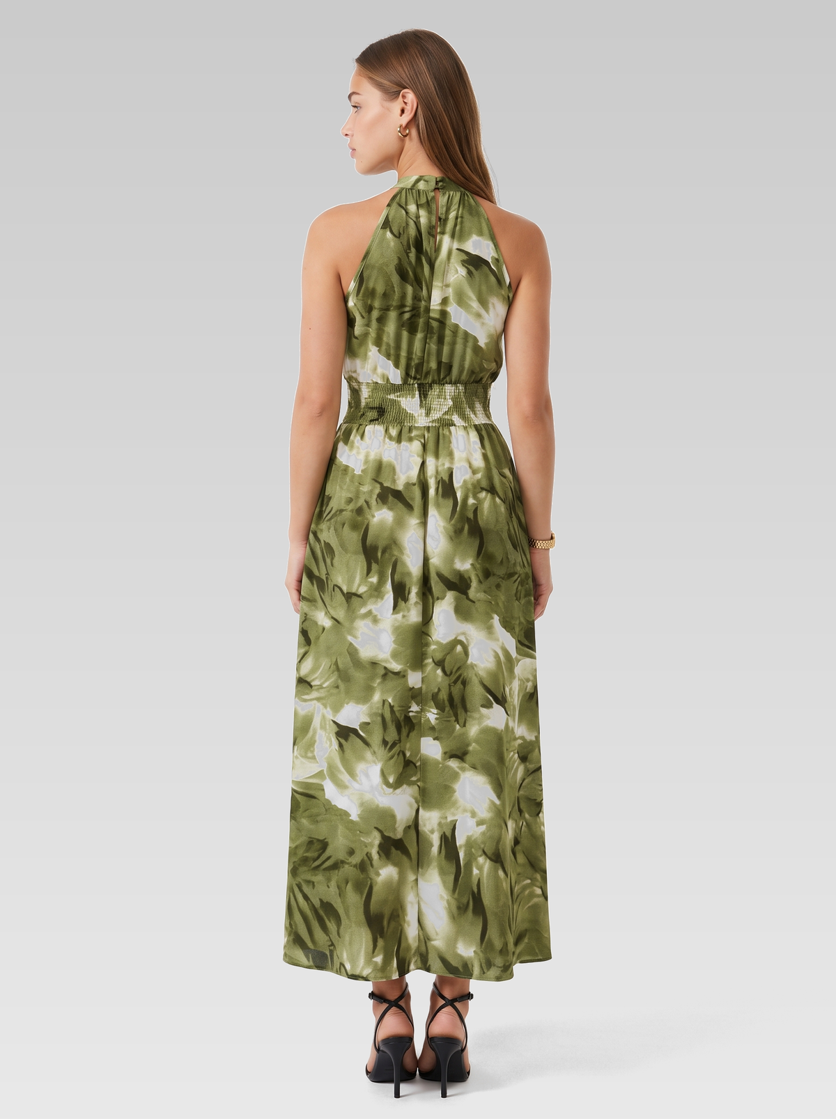 Green Halter Neck Smocked Maxi Dress — Green Print — View 3