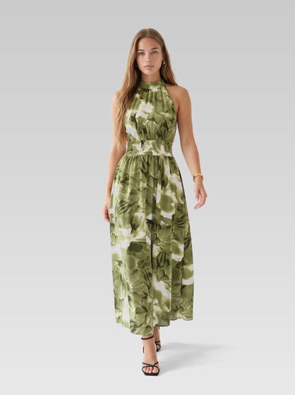 Green Halter Neck Smocked Maxi Dress — Green Print — View 4