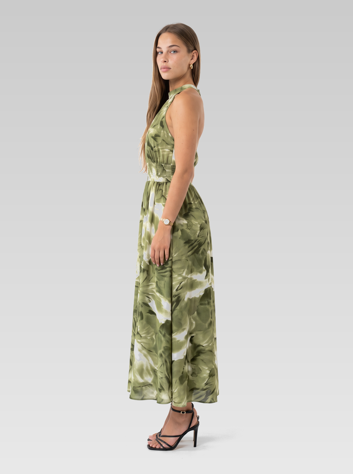 Green Halter Neck Smocked Maxi Dress — Green Print — View 5