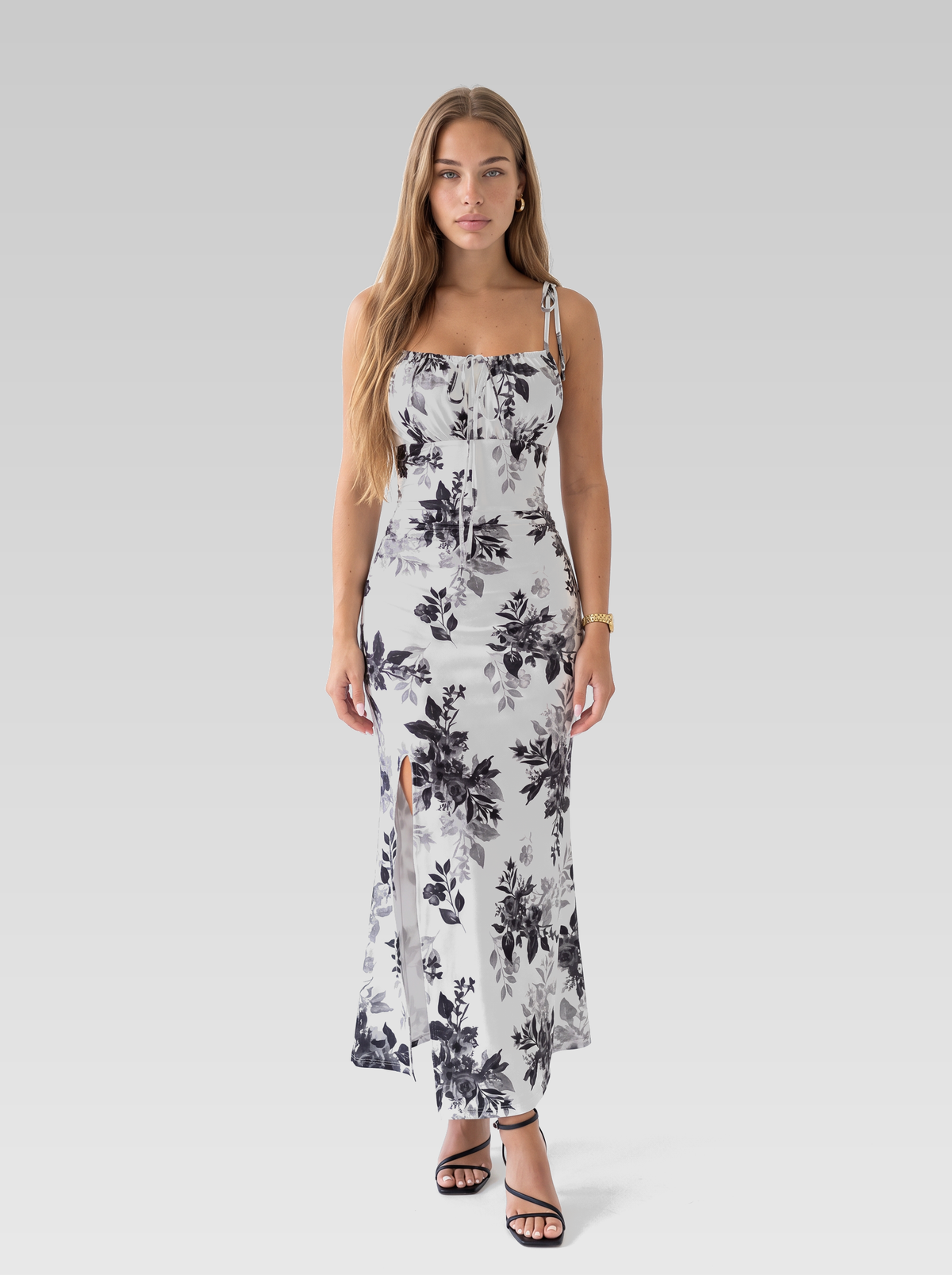 White Slit Bodycon Maxi Dress — White Floral — View 1
