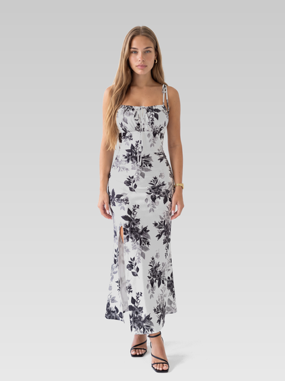 White Slit Bodycon Maxi Dress — White Floral — View 1