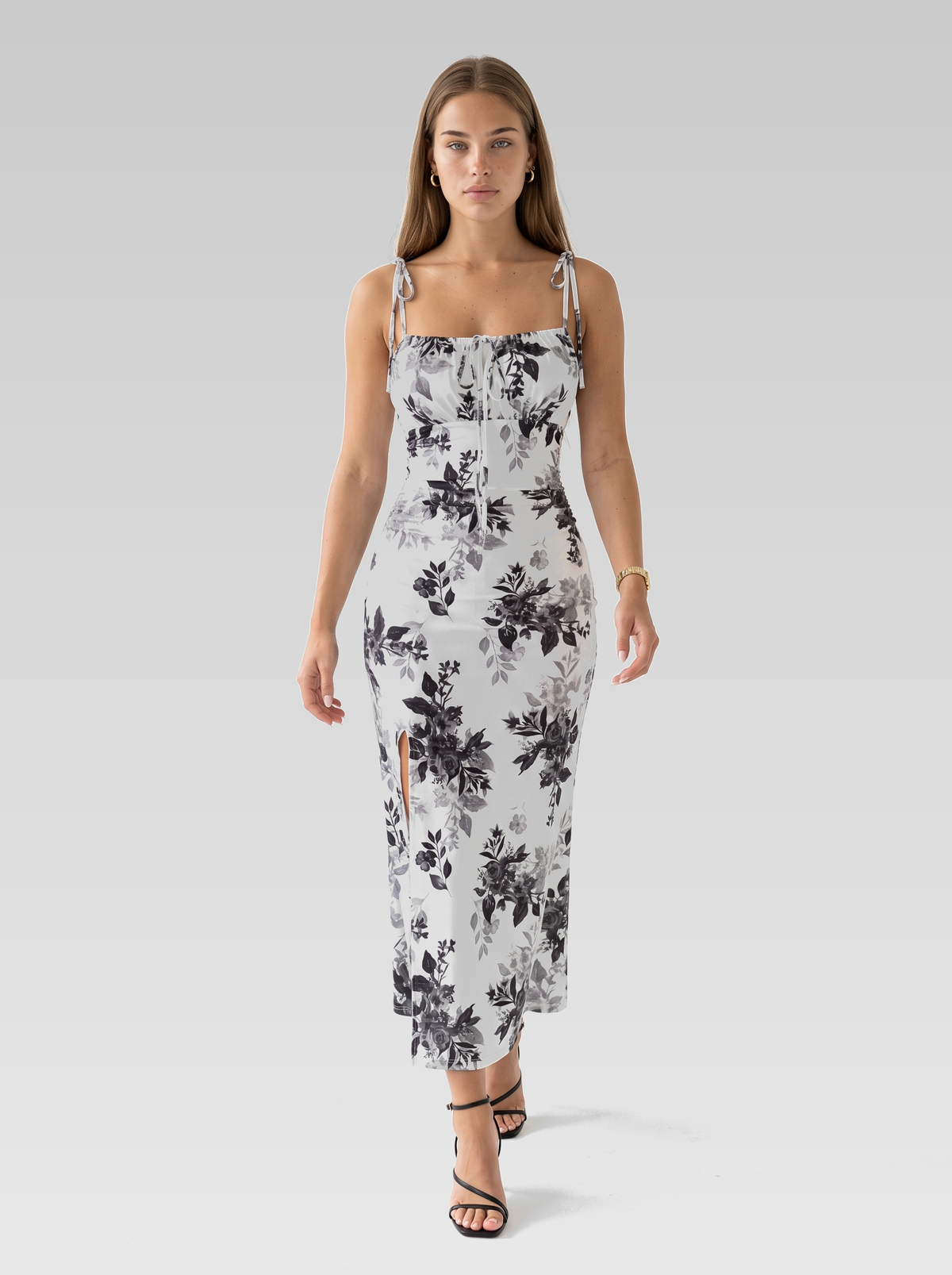 White Slit Bodycon Maxi Dress — White Floral — View 4