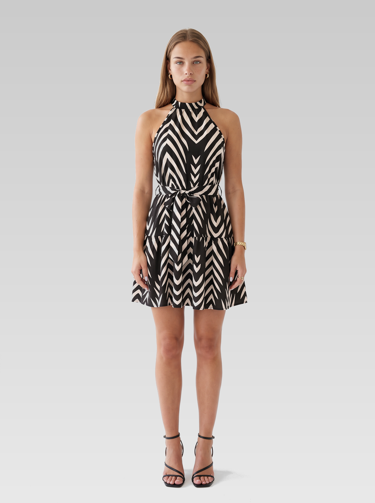 Black Halter Neck Tiered Mini Dress — Black White Print — View 1