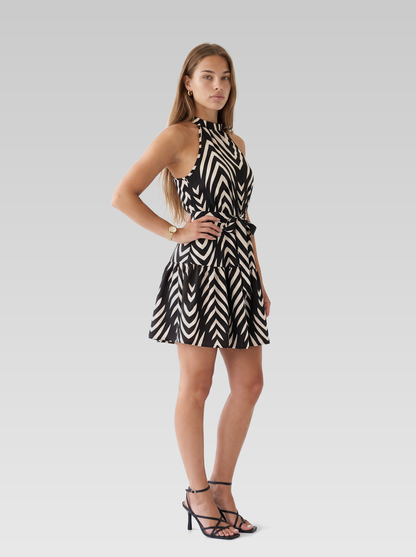 Black Halter Neck Tiered Mini Dress — Black White Print — View 2