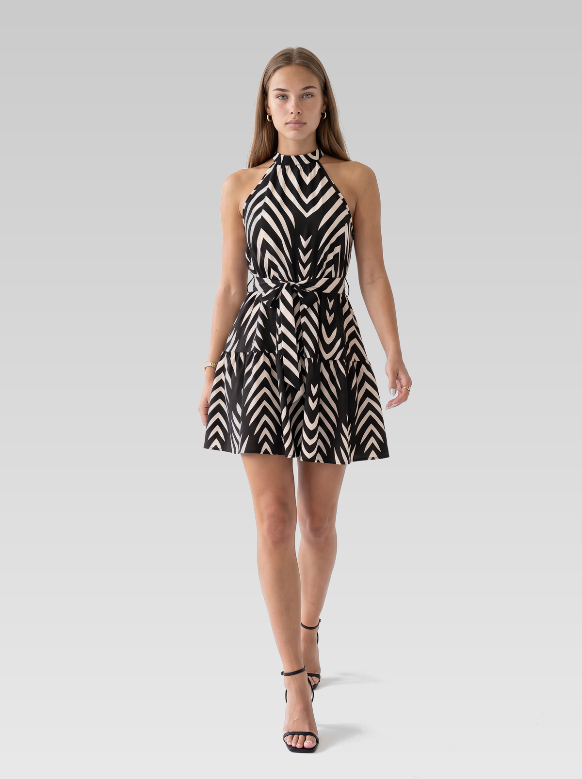 Black Halter Neck Tiered Mini Dress — Black White Print — View 4