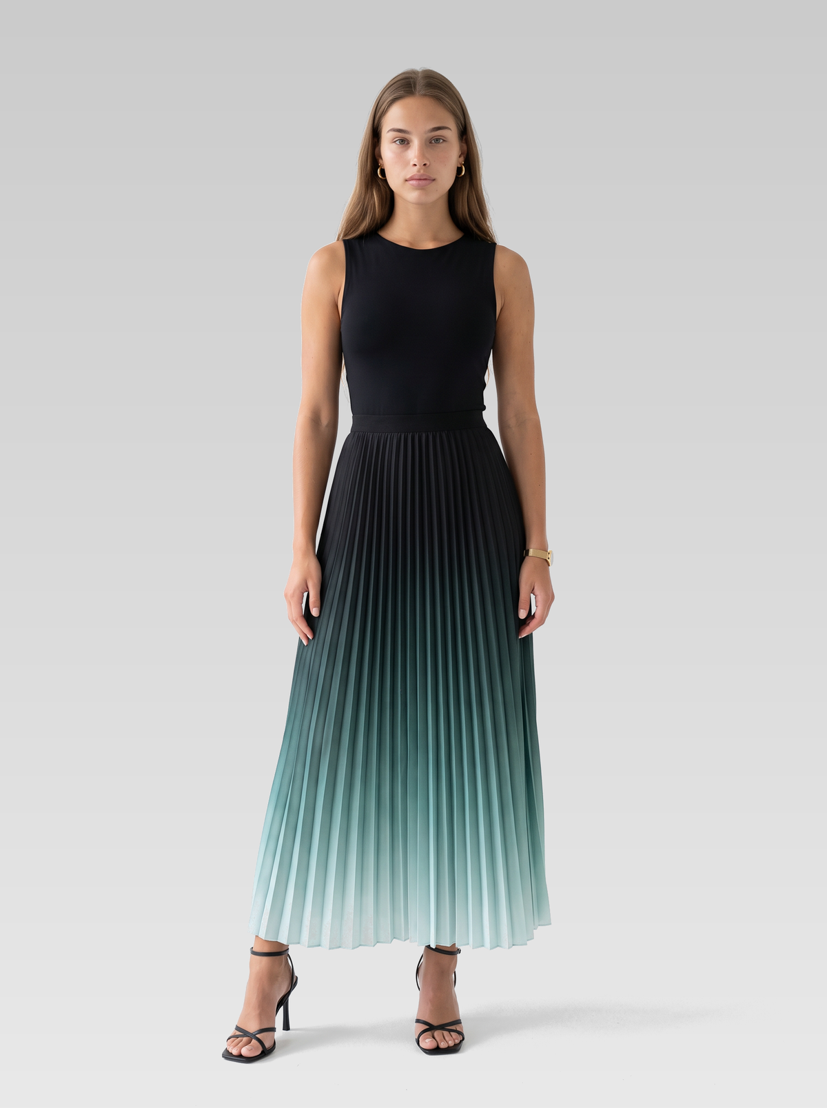 Pleated Formal Maxi Dress — Black Green Ombre — View 1