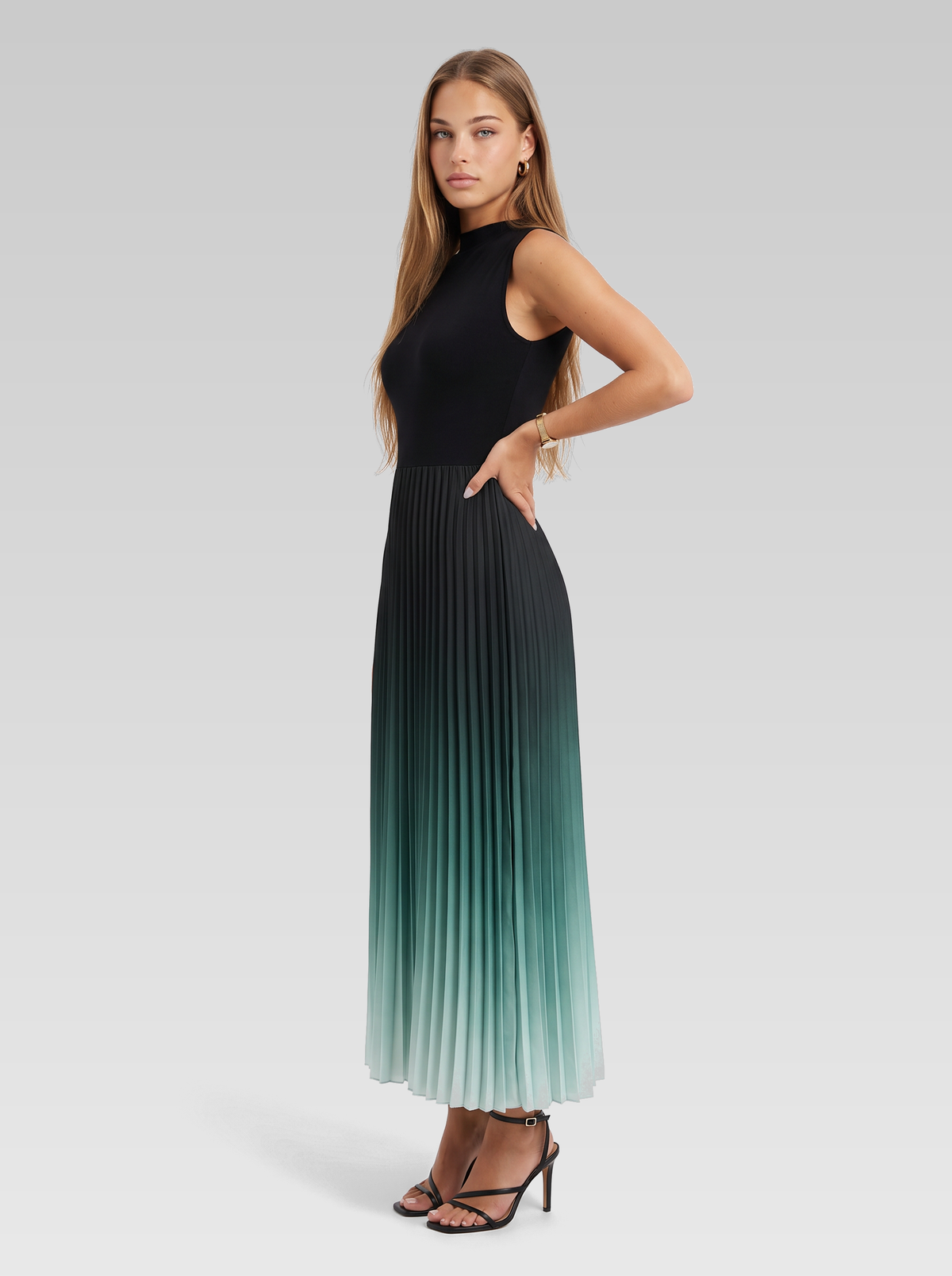 Pleated Formal Maxi Dress — Black Green Ombre — View 2