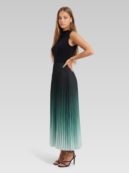 Pleated Formal Maxi Dress — Black Green Ombre — View 2