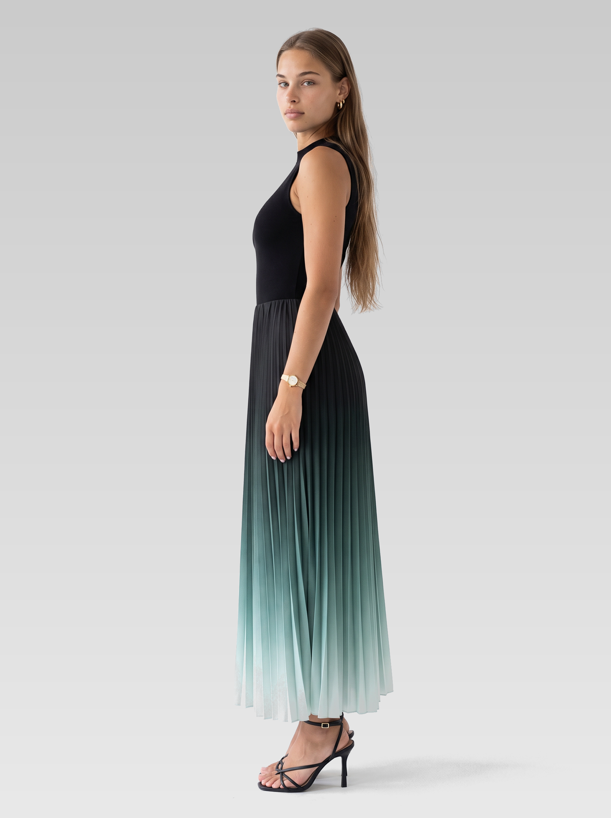 Pleated Formal Maxi Dress — Black Green Ombre — View 5