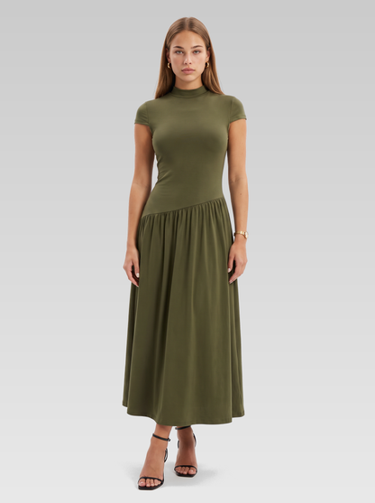 Cap Sleeve High Neck A-Line Maxi Dress — Olive Green — View 1