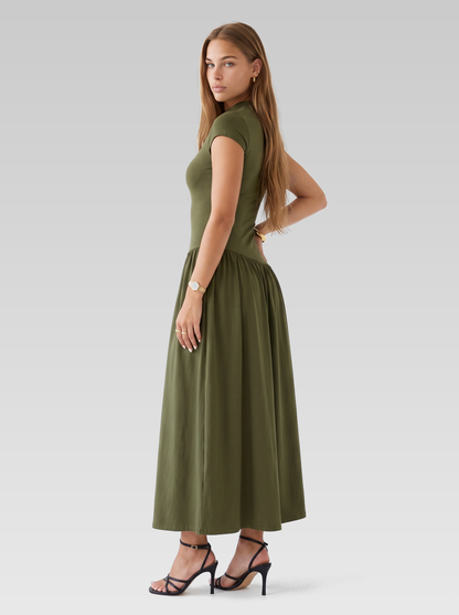 Cap Sleeve High Neck A-Line Maxi Dress — Olive Green — View 2
